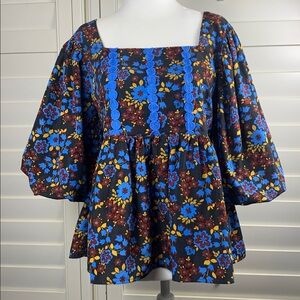 Entro Women's Blouse Top EUC Large Black Blue Gold Floral Peplum Puff 3/4 Sleeve